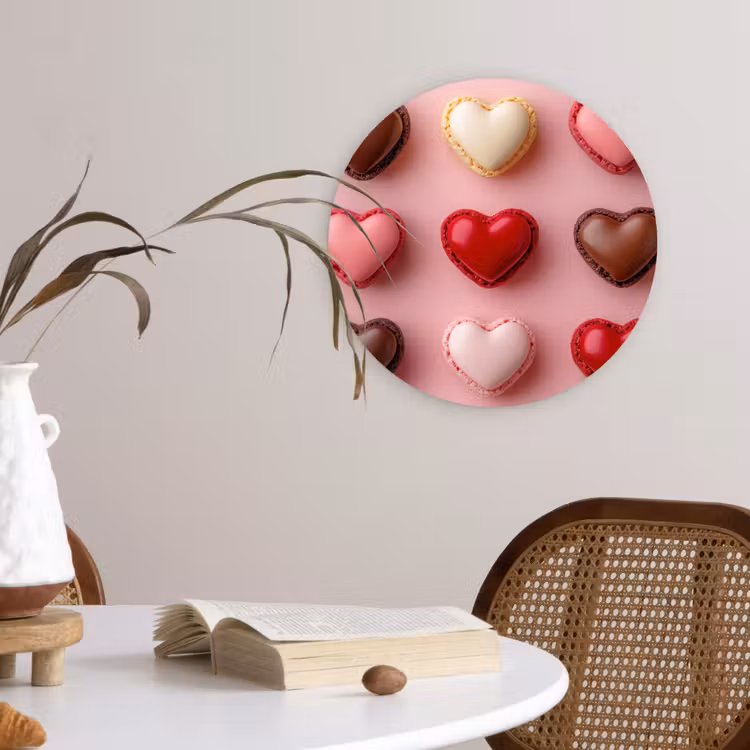 Macarons - Hartjes - Kleurrijk - Roze Wandcirkel kunststof plaat 5mm dik klein -sfeer4