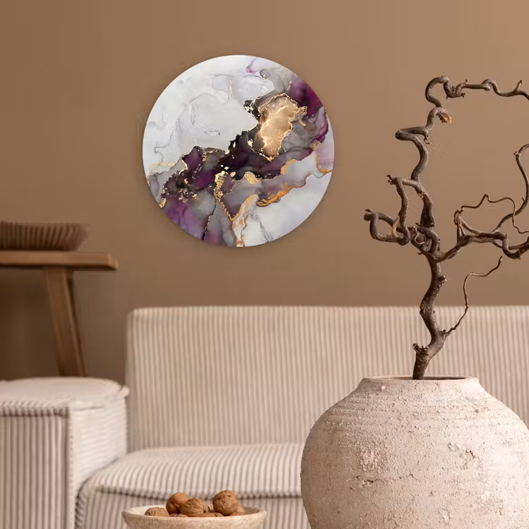 Marmer - Abstract - Goud - Paars Wandcirkel kunststof plaat 5mm dik klein -sfeer1