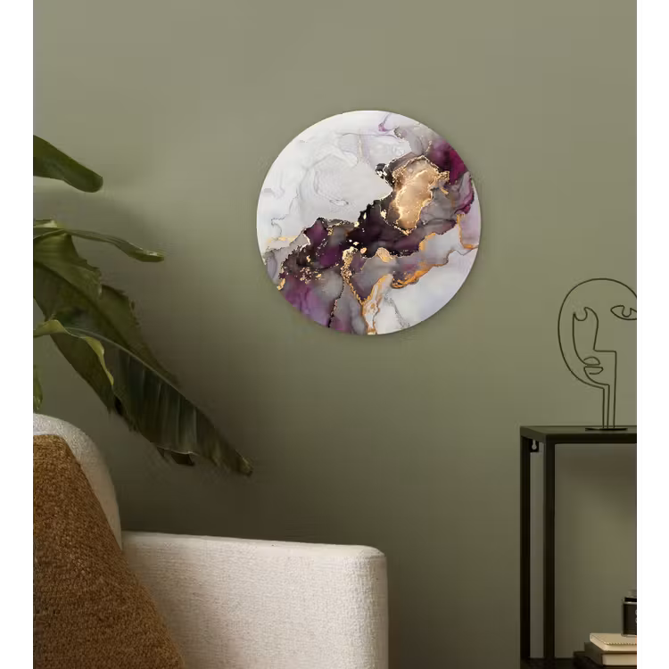 Marmer - Abstract - Goud - Paars Wandcirkel kunststof plaat 5mm dik klein -sfeer3