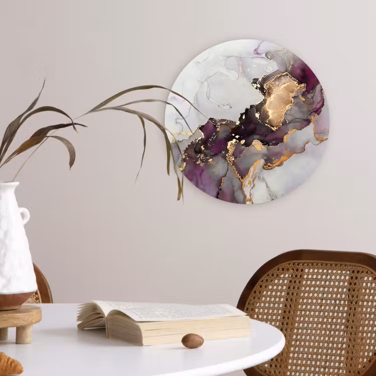 Marmer - Abstract - Goud - Paars Wandcirkel kunststof plaat 5mm dik klein -sfeer4