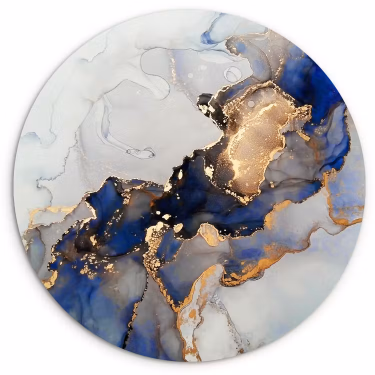 Marmer - Blauw - Goud Wandcirkel kunststof plaat 5mm dik klein -3d