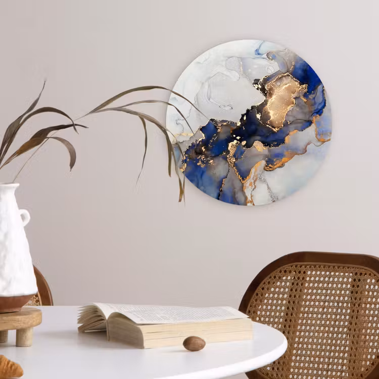 Marmer - Blauw - Goud Wandcirkel kunststof plaat 5mm dik klein -sfeer4