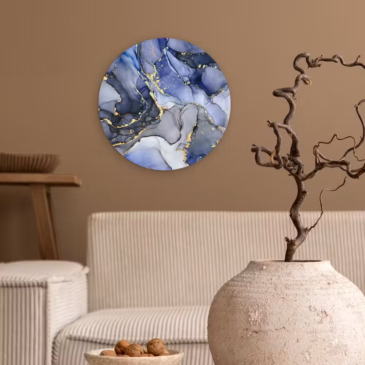 Marmer - Goud - Abstract - Blauw Wandcirkel kunststof plaat 5mm dik klein -sfeer1