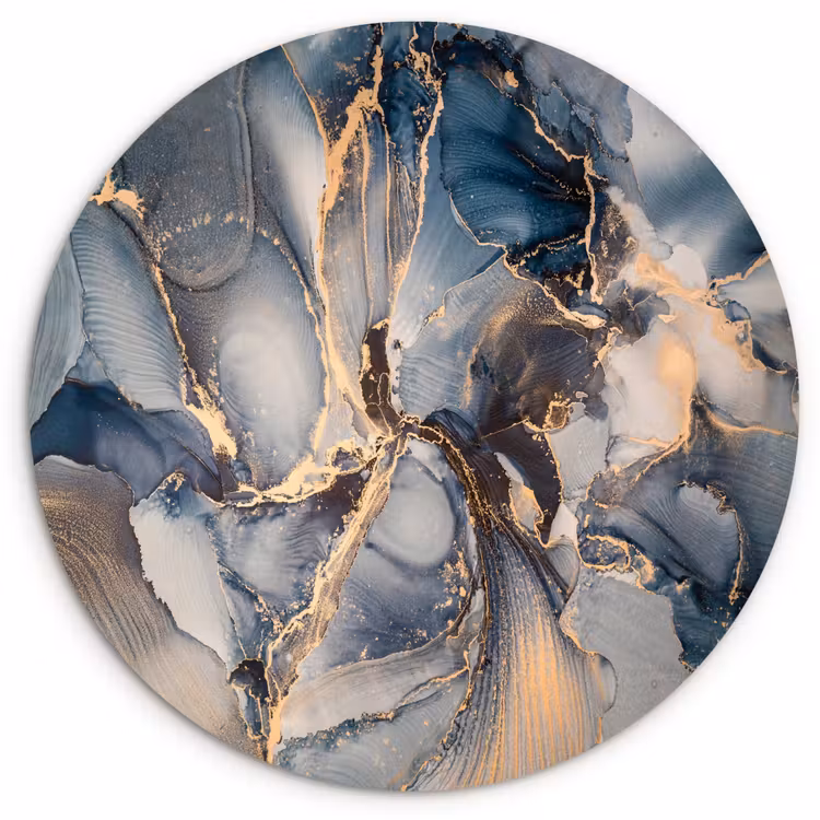 Marmer - Grijs - Blauw - Luxe - Goud Wandcirkel kunststof plaat 5mm dik klein -3d