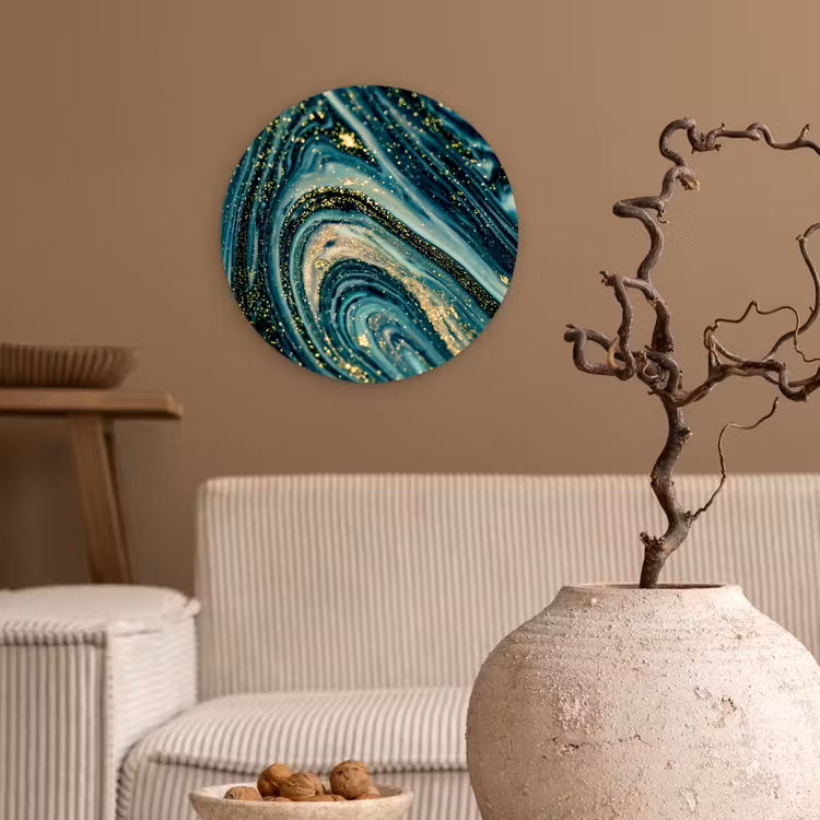 Marmerlook - Luxe - Goud - Turquoise - Glitter Wandcirkel kunststof plaat 5mm dik klein -sfeer1