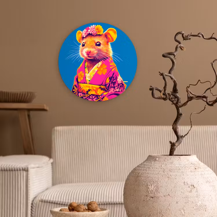 Muis - Kimono - Bloemen - Blauw Wandcirkel kunststof plaat 5mm dik klein -sfeer1