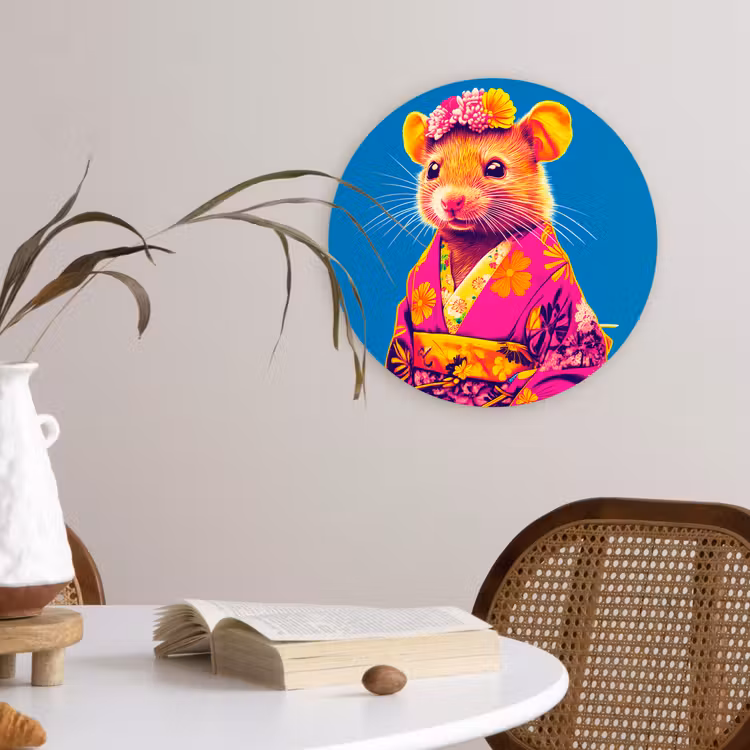 Muis - Kimono - Bloemen - Blauw Wandcirkel kunststof plaat 5mm dik klein -sfeer4