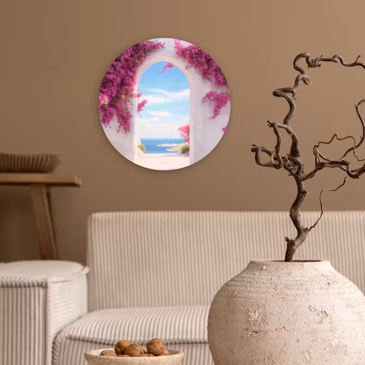 Zee - Roze - Bloemen - Poort Wandcirkel kunststof plaat 5mm dik klein -sfeer1
