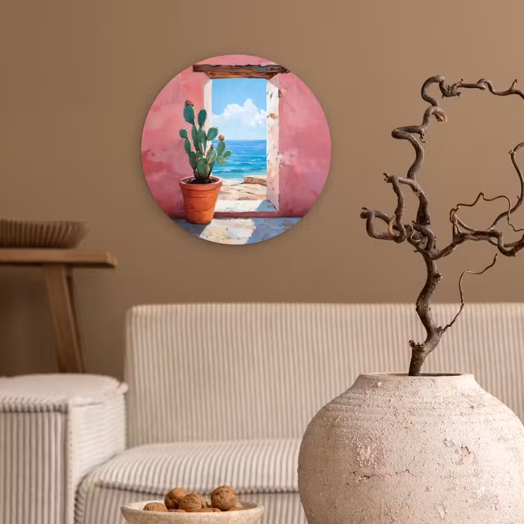 Zee - Roze - Cactus Wandcirkel kunststof plaat 5mm dik klein -sfeer1