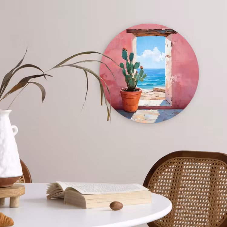 Zee - Roze - Cactus Wandcirkel kunststof plaat 5mm dik klein -sfeer4