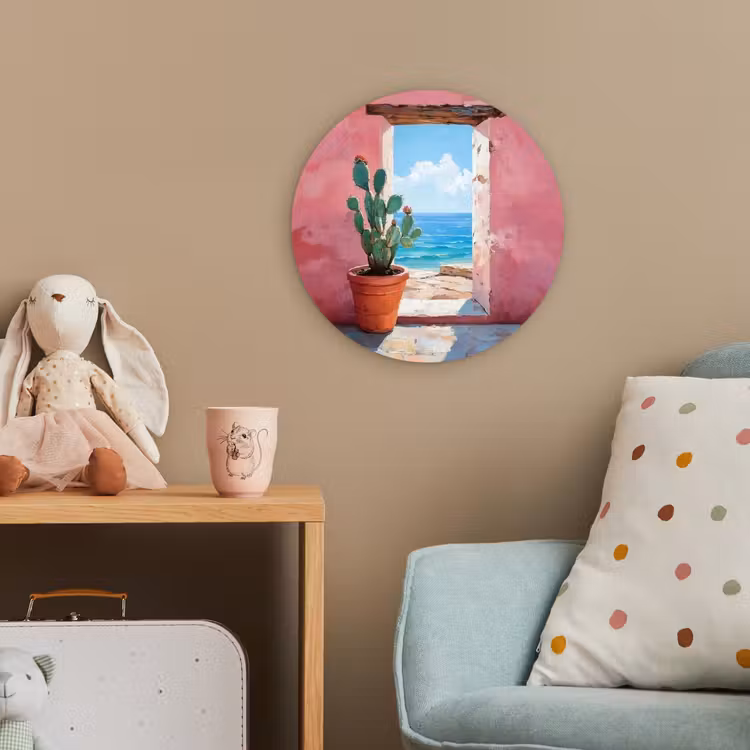 Zee - Roze - Cactus Wandcirkel kunststof plaat 5mm dik klein -tsfeer1_kind