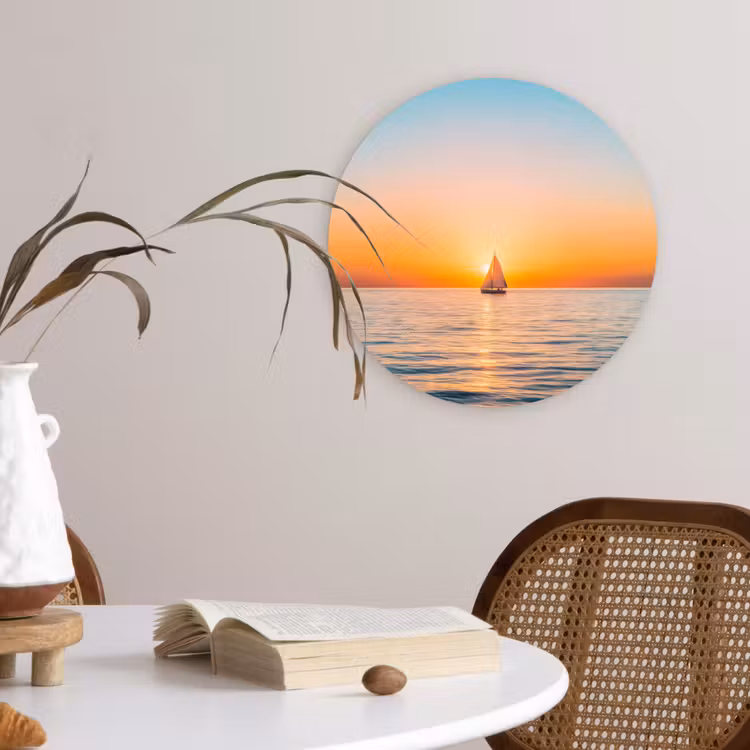 Zee - Zeilboot - Zonsondergang Wandcirkel kunststof plaat 5mm dik klein -sfeer4