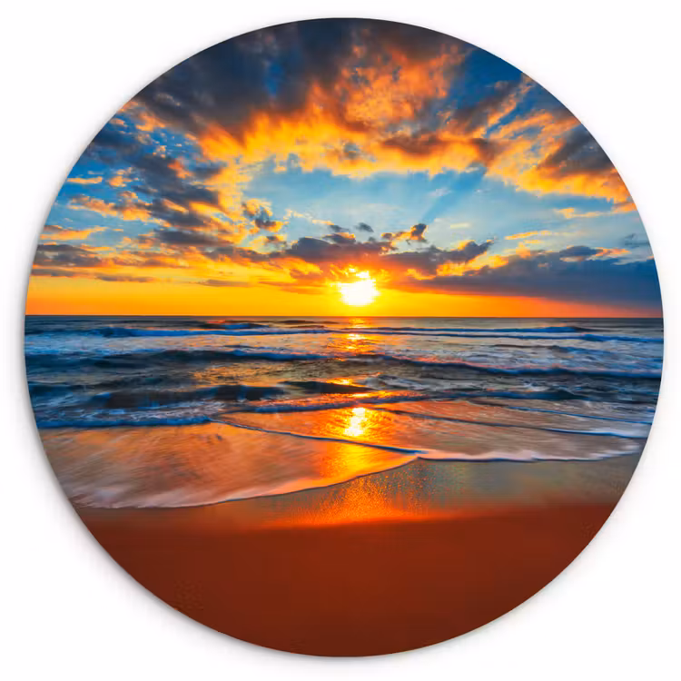 Zee - Zonsondergang - Strand - Wolken - Oranje Wandcirkel kunststof plaat 5mm dik klein -3d