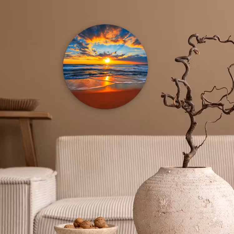 Zee - Zonsondergang - Strand - Wolken - Oranje Wandcirkel kunststof plaat 5mm dik klein -sfeer1