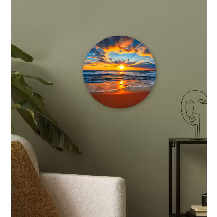 Zee - Zonsondergang - Strand - Wolken - Oranje Wandcirkel kunststof plaat 5mm dik klein -sfeer3