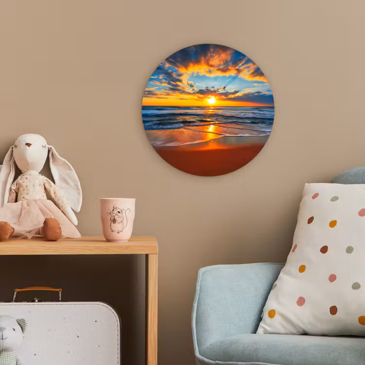 Zee - Zonsondergang - Strand - Wolken - Oranje Wandcirkel kunststof plaat 5mm dik klein -tsfeer1_kind