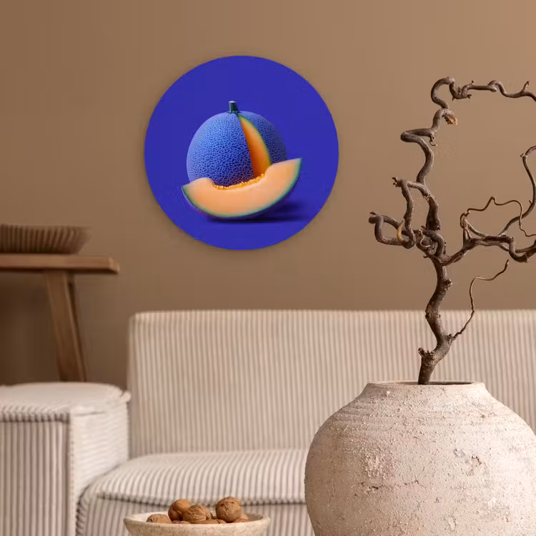 Meloen - Blauw - Oranje - Kunstzinnig Wandcirkel kunststof plaat 5mm dik klein -sfeer1
