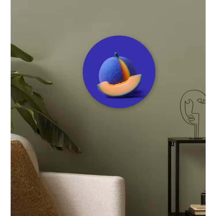 Meloen - Blauw - Oranje - Kunstzinnig Wandcirkel kunststof plaat 5mm dik klein -sfeer3