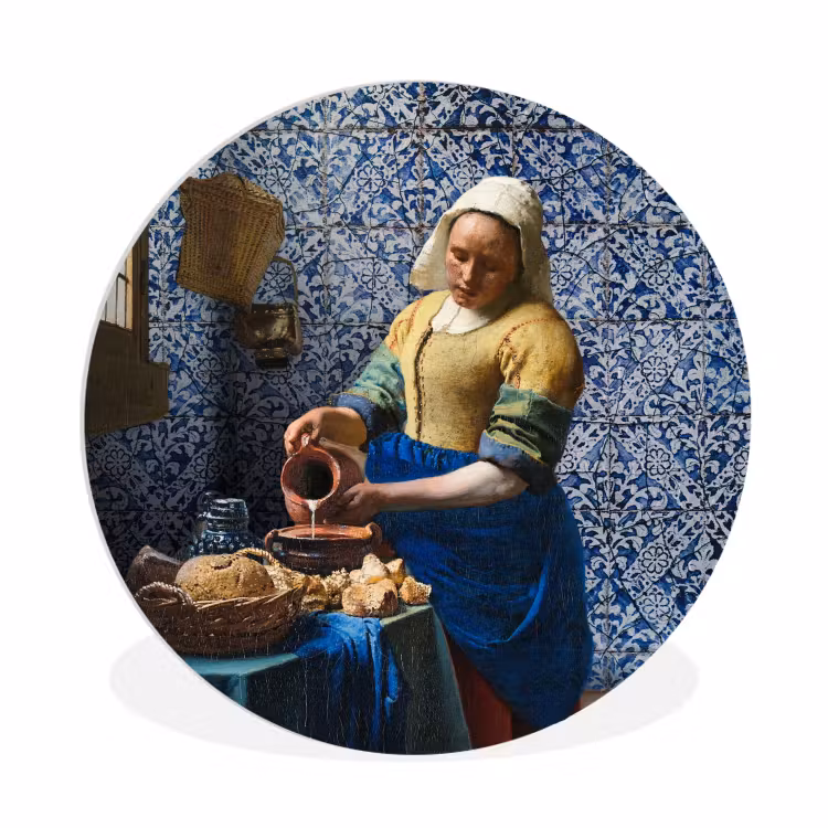 Melkmeisje - Delfts Blauw - Vermeer - Schilderij - Oude meesters Wandcirkel kunststof plaat 5mm dik klein -3d