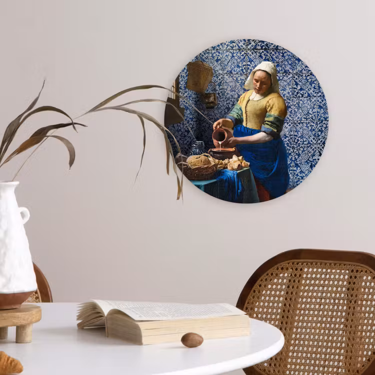 Melkmeisje - Delfts Blauw - Vermeer - Schilderij - Oude meesters Wandcirkel kunststof plaat 5mm dik klein -sfeer4
