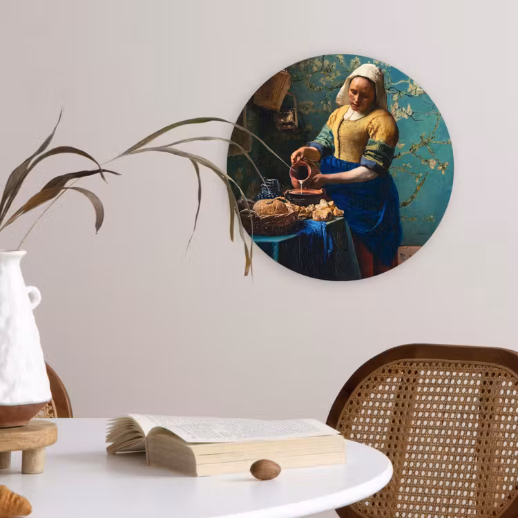 Melkmeisje - Amandelbloesem - Van Gogh - Vermeer - Schilderij - Oude meesters Wandcirkel kunststof plaat 5mm dik klein -sfeer4