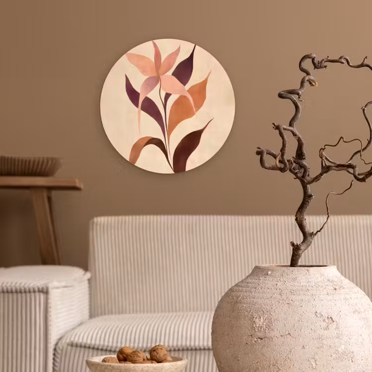 Minimalistisch - Bloem - Bladeren - Beige Wandcirkel kunststof plaat 5mm dik klein -sfeer1