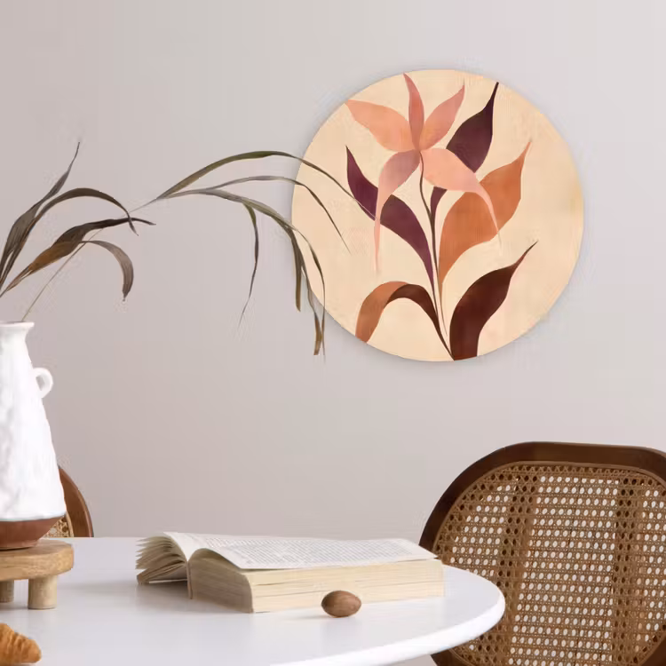 Minimalistisch - Bloem - Bladeren - Beige Wandcirkel kunststof plaat 5mm dik klein -sfeer4