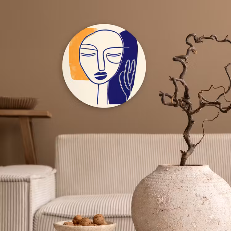 Minimalistisch - Gezicht - Hand - Oranje - Blauw Wandcirkel kunststof plaat 5mm dik klein -sfeer1