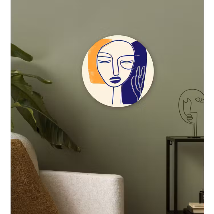 Minimalistisch - Gezicht - Hand - Oranje - Blauw Wandcirkel kunststof plaat 5mm dik klein -sfeer3