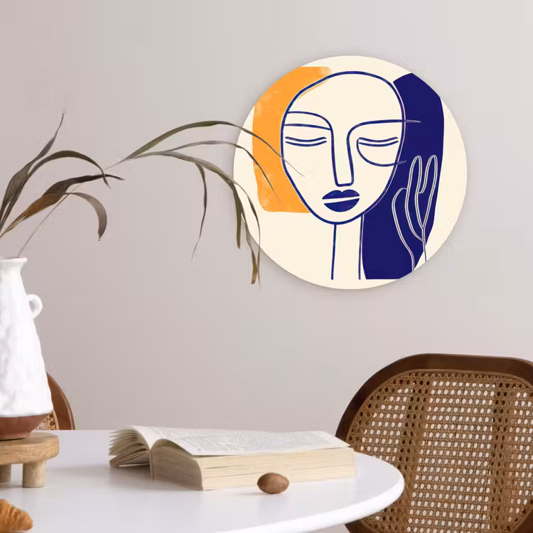Minimalistisch - Gezicht - Hand - Oranje - Blauw Wandcirkel kunststof plaat 5mm dik klein -sfeer4