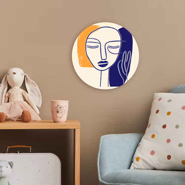 Minimalistisch - Gezicht - Hand - Oranje - Blauw Wandcirkel kunststof plaat 5mm dik klein -tsfeer1_kind