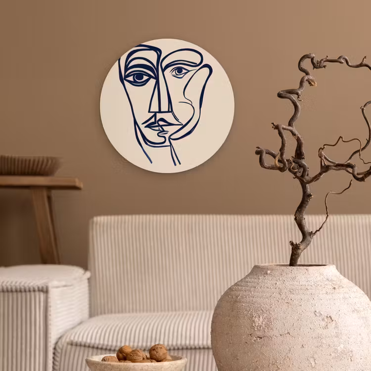 Minimalistisch - Lijnillustratie - Beige - Donkerblauw Wandcirkel kunststof plaat 5mm dik klein -sfeer1