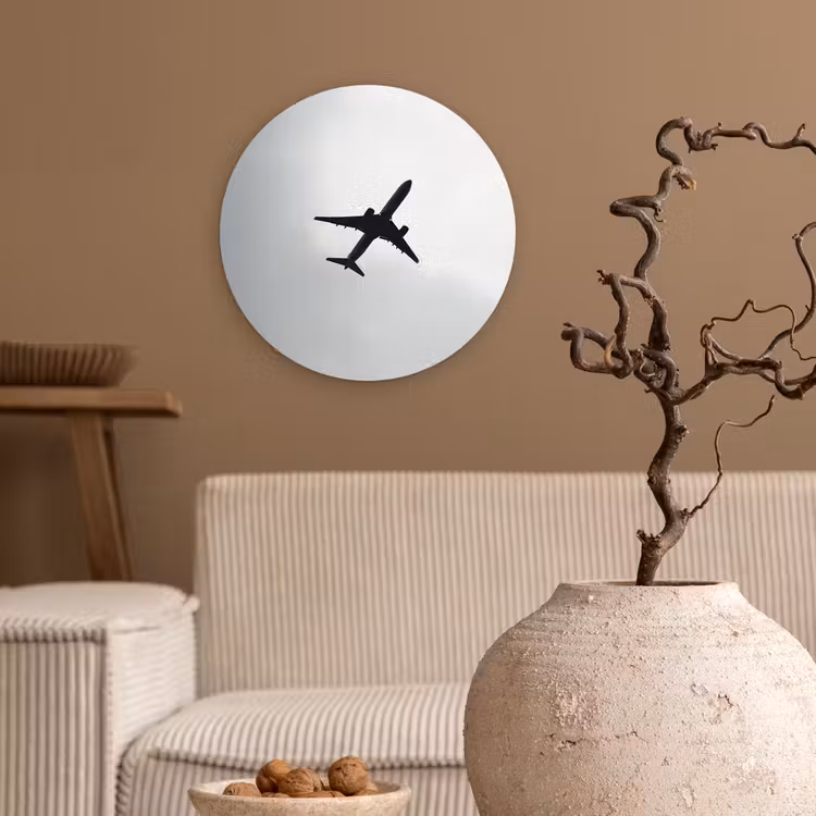 Minimalistisch - Silhouet - Zwart - Vliegtuig Wandcirkel kunststof plaat 5mm dik klein -sfeer1