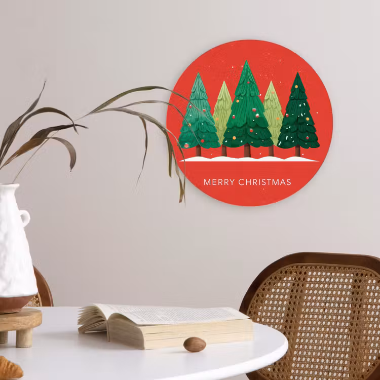 Minimalistisch - Kerstbomen - Rood - Sneeuw Wandcirkel kunststof plaat 5mm dik klein -sfeer4