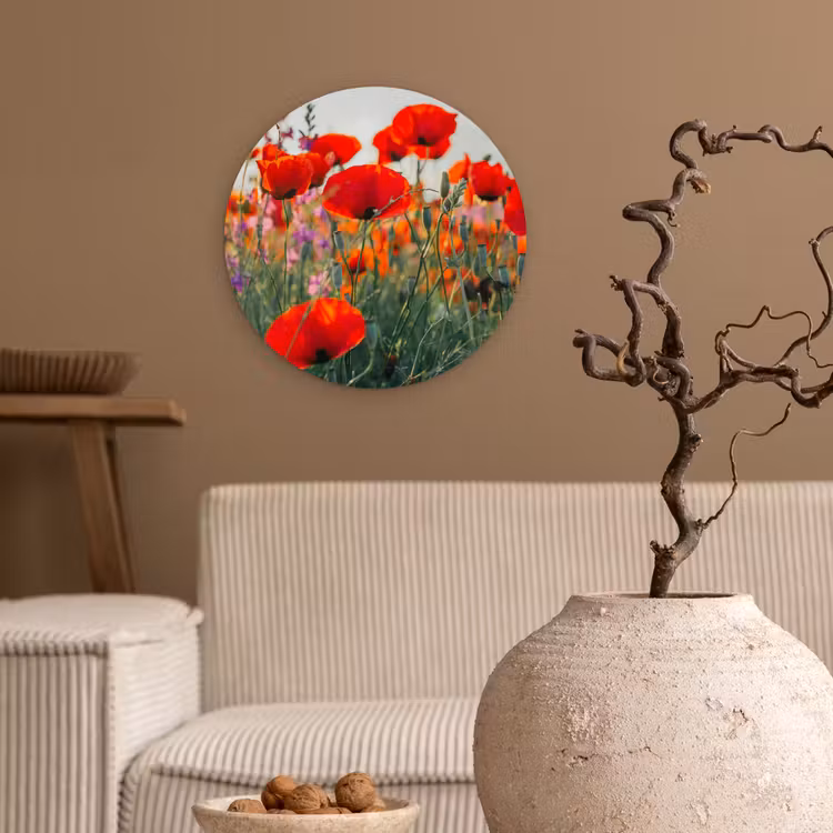 Klaproos - Bloemen - Rood - Paars - Weide Wandcirkel kunststof plaat 5mm dik klein -sfeer1