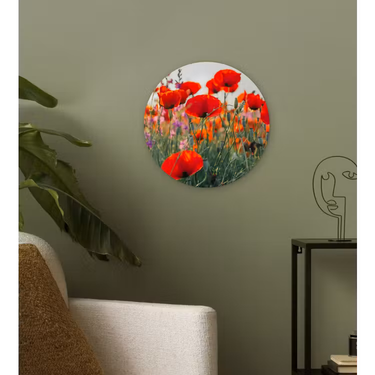 Klaproos - Bloemen - Rood - Paars - Weide Wandcirkel kunststof plaat 5mm dik klein -sfeer3