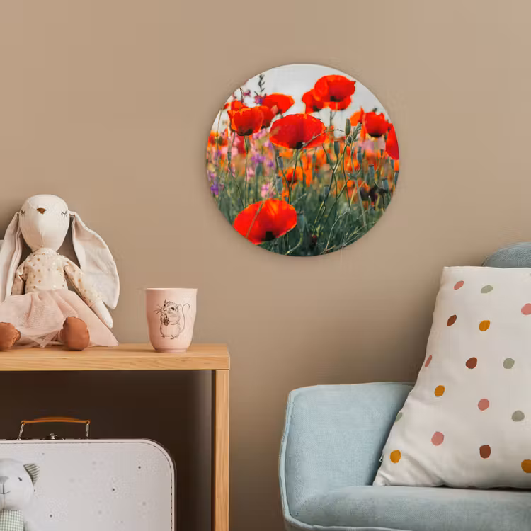 Klaproos - Bloemen - Rood - Paars - Weide Wandcirkel kunststof plaat 5mm dik klein -tsfeer1_kind