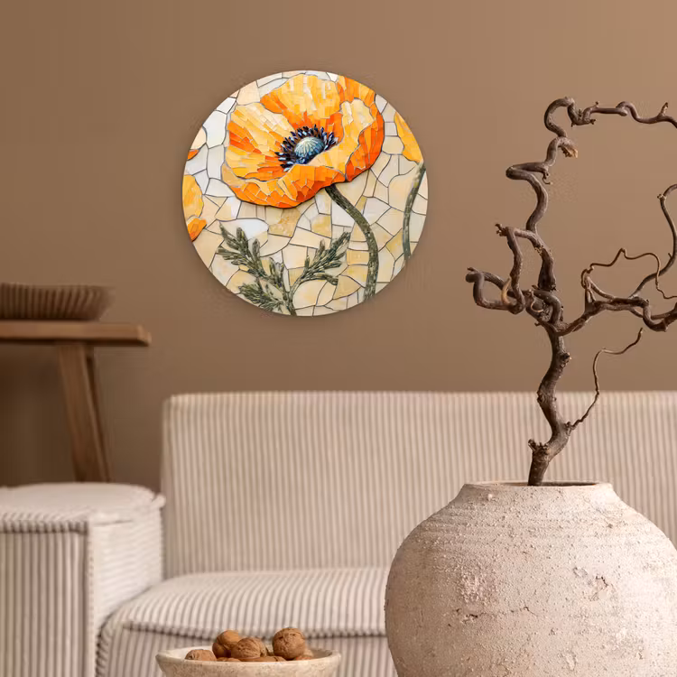 Klaprozen - Oranje - Mozaïek - Bladeren Wandcirkel kunststof plaat 5mm dik klein -sfeer1