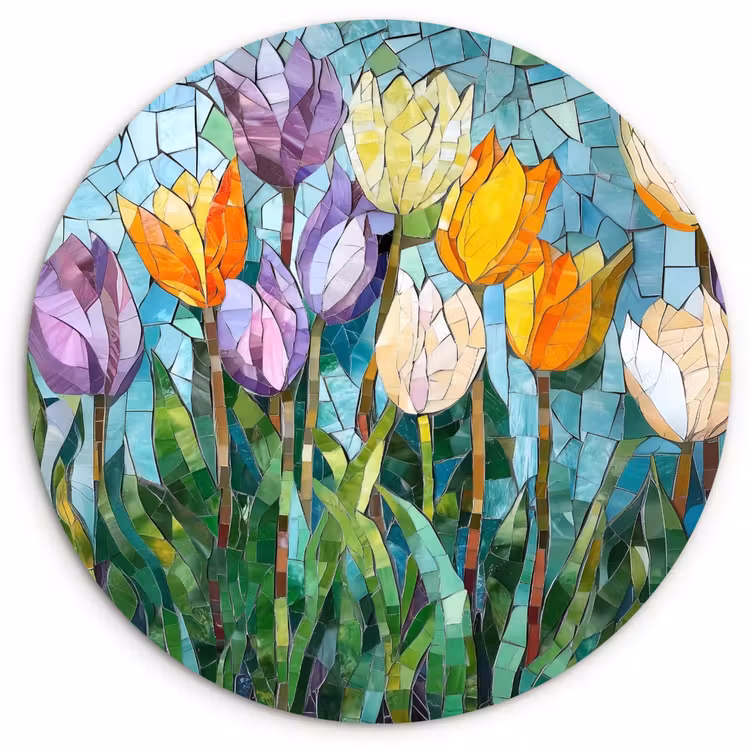 Mozaïek - Veld - Tulpen - Kleurrijk Wandcirkel kunststof plaat 5mm dik klein -3d