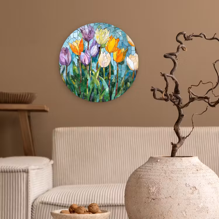 Mozaïek - Veld - Tulpen - Kleurrijk Wandcirkel kunststof plaat 5mm dik klein -sfeer1