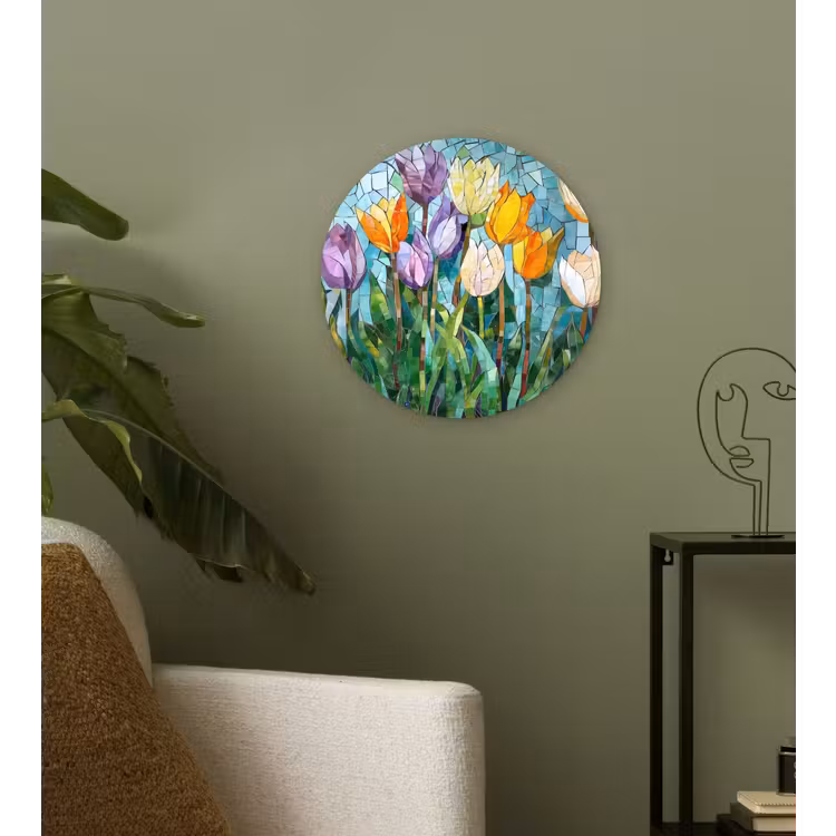 Mozaïek - Veld - Tulpen - Kleurrijk Wandcirkel kunststof plaat 5mm dik klein -sfeer3