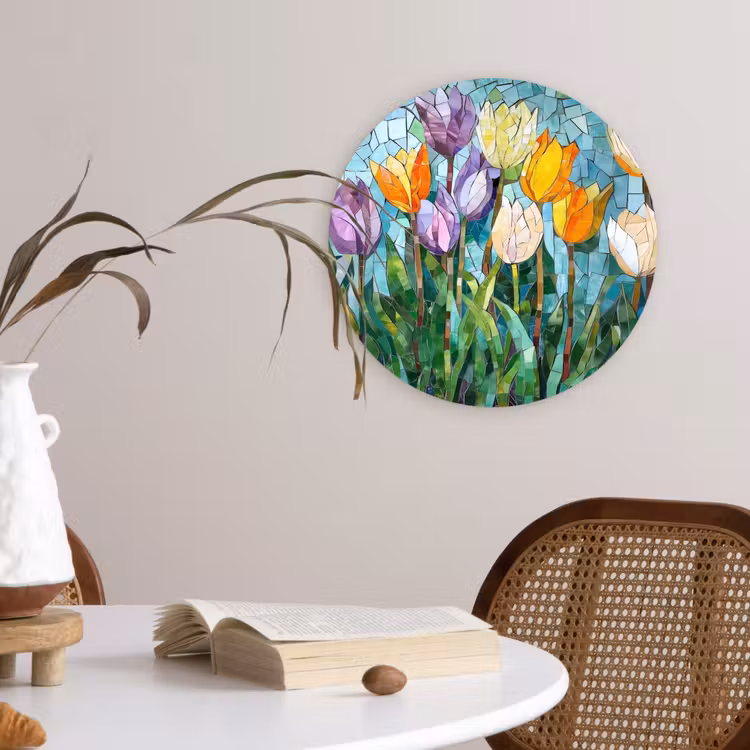 Mozaïek - Veld - Tulpen - Kleurrijk Wandcirkel kunststof plaat 5mm dik klein -sfeer4