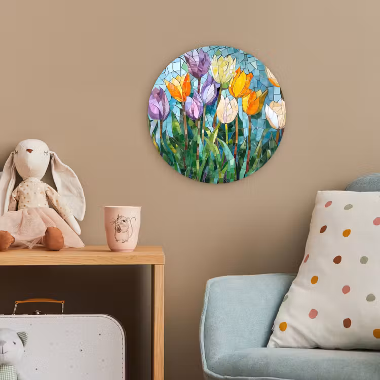 Mozaïek - Veld - Tulpen - Kleurrijk Wandcirkel kunststof plaat 5mm dik klein -tsfeer1_kind