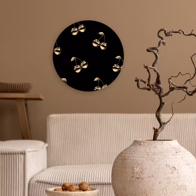 Patroon - Kersen - Goud - Chrome Wandcirkel kunststof plaat 5mm dik klein -sfeer1