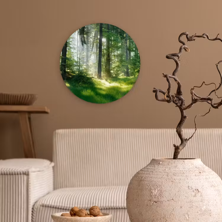 Natuur - Bomen - Bos - Groen - Zon - Gras - Planten Wandcirkel kunststof plaat 5mm dik klein -sfeer1