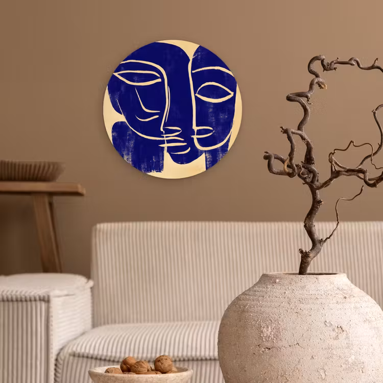 Okergeel - Blauw - Eenvoudige lijnen Wandcirkel kunststof plaat 5mm dik klein -sfeer1