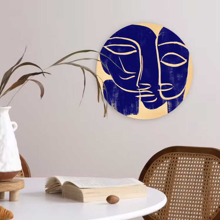 Okergeel - Blauw - Eenvoudige lijnen Wandcirkel kunststof plaat 5mm dik klein -sfeer4