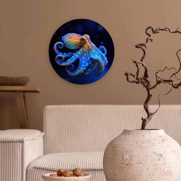 Octopus - Stippen - Blauw - Zee Wandcirkel kunststof plaat 5mm dik klein -sfeer1