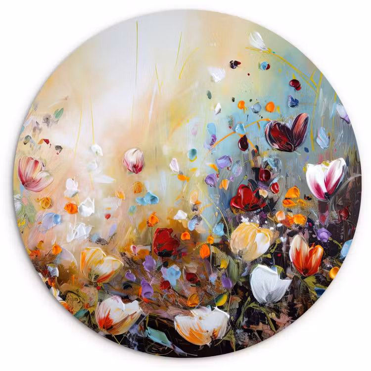 Olieverf - Bloemen - Kleurrijk - Natuur Wandcirkel kunststof plaat 5mm dik klein -3d