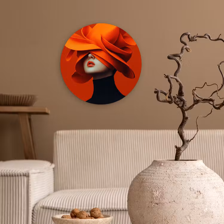 Oranje - Hoed - Vrouw Wandcirkel kunststof plaat 5mm dik klein -sfeer1